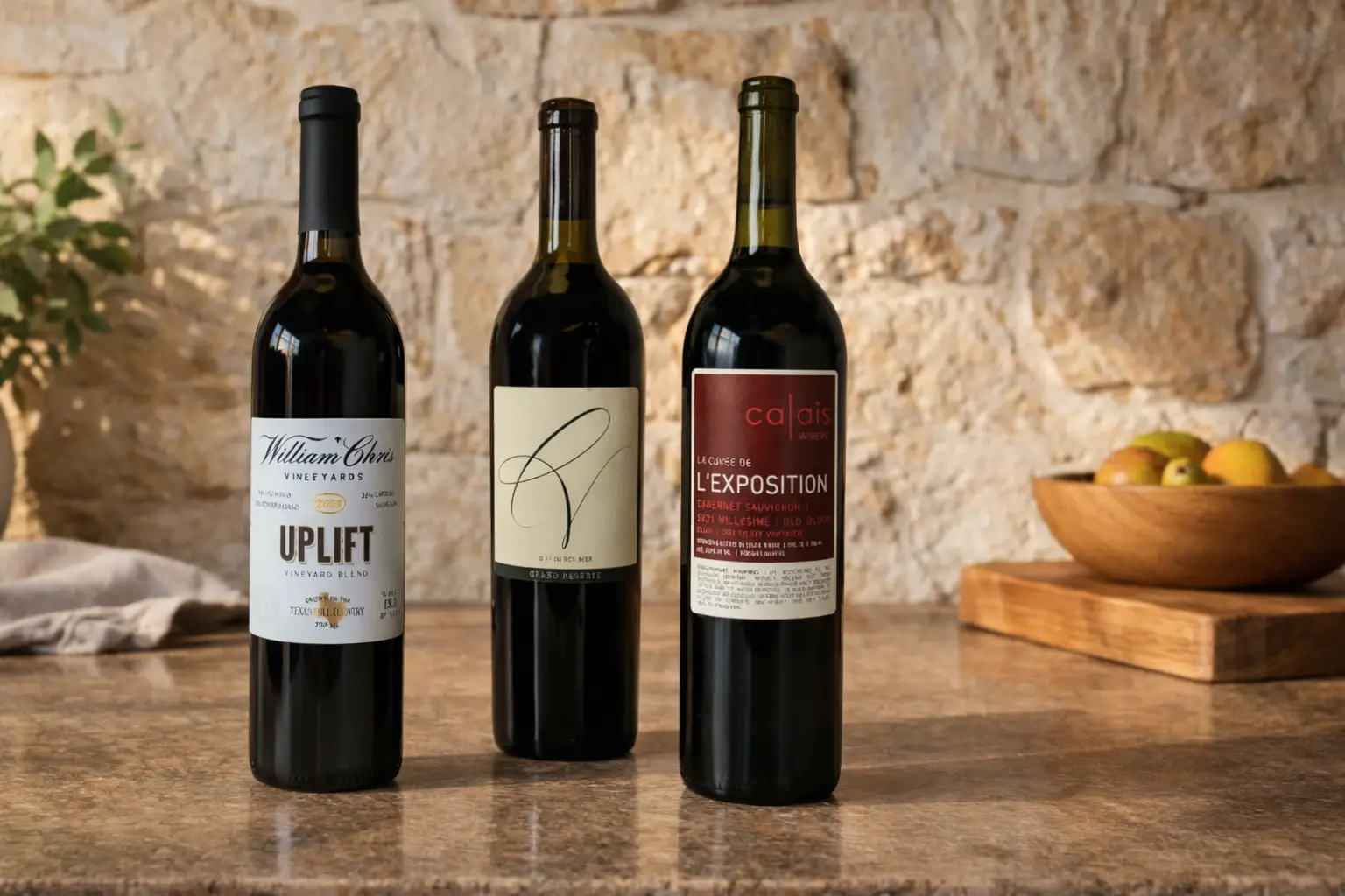 Texas wine bottles from Llano Uplift, Hickory Sands, and Dell Valley wines