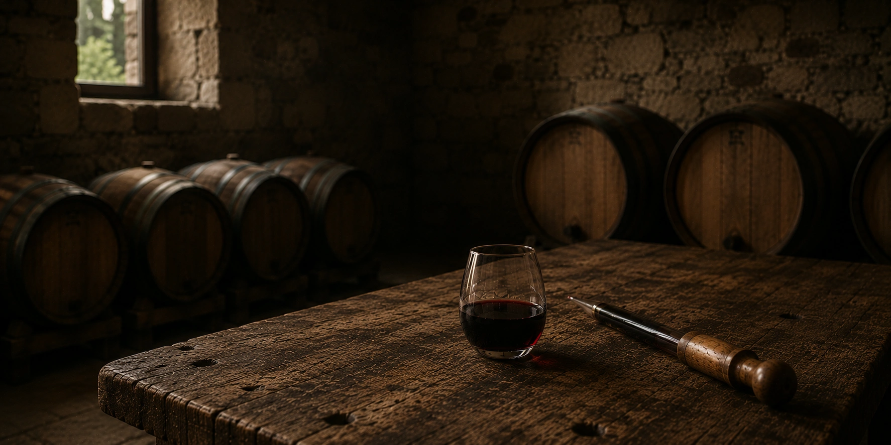 Glass of red wine on a table, representing the sensory result of vineyard and cellar decisions