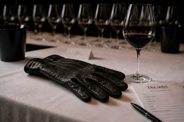 Wine glass beside a black glove, symbolizing Texas wine accepting a challenge on the international stage
