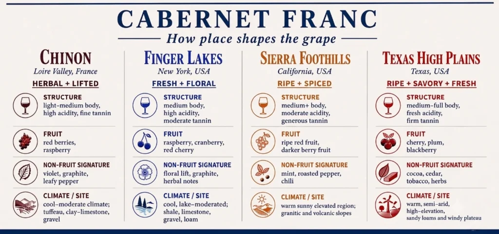 Cabernet Franc style snapshot comparing Texas High Plains expressions with Loire Valley, Finger Lakes, and Sierra Foothills examples