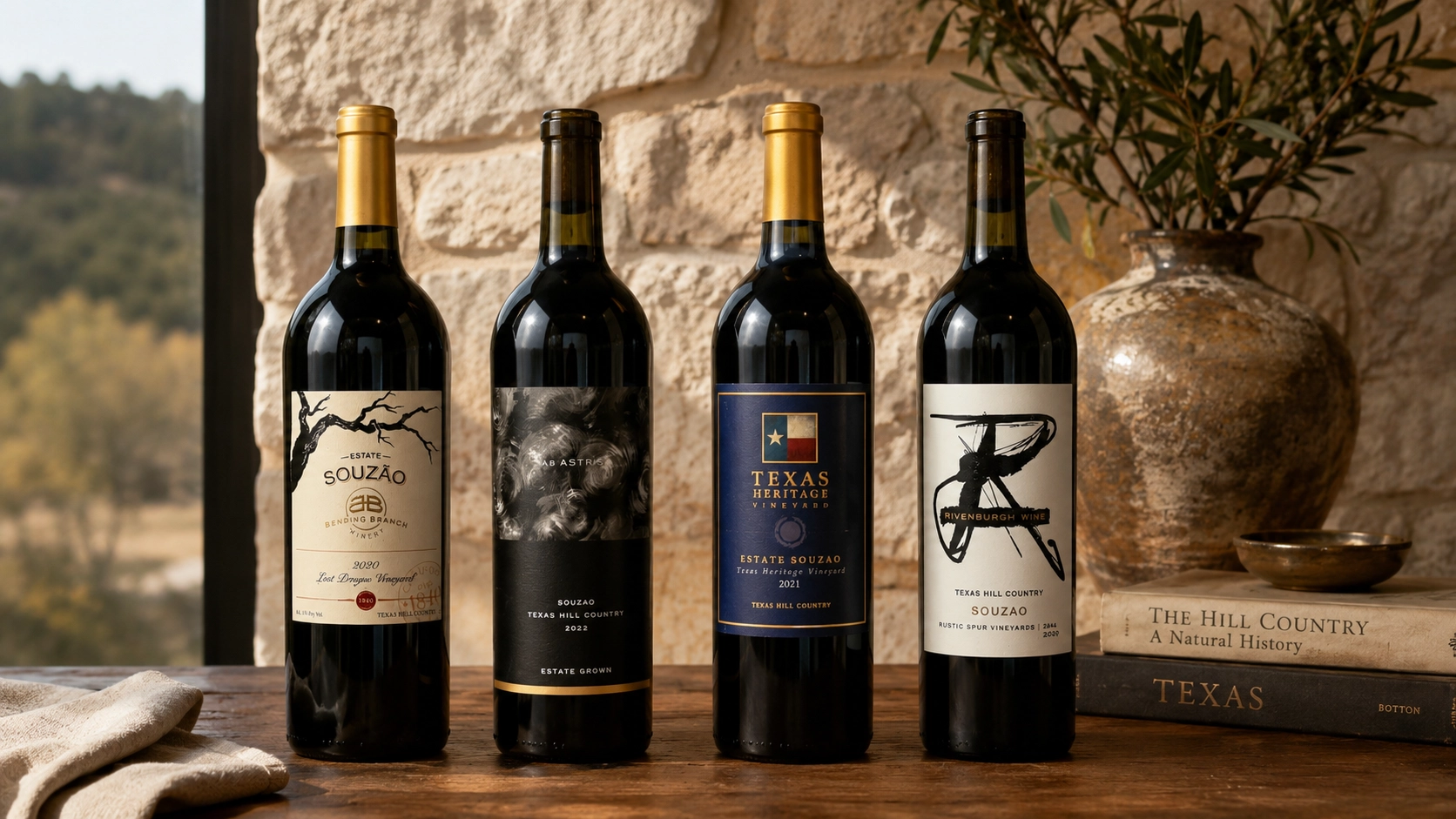 Four Texas Hill Country Souzão bottles from Bending Branch, Ab Astris, Texas Heritage Vineyard and Rivenburgh Wine.